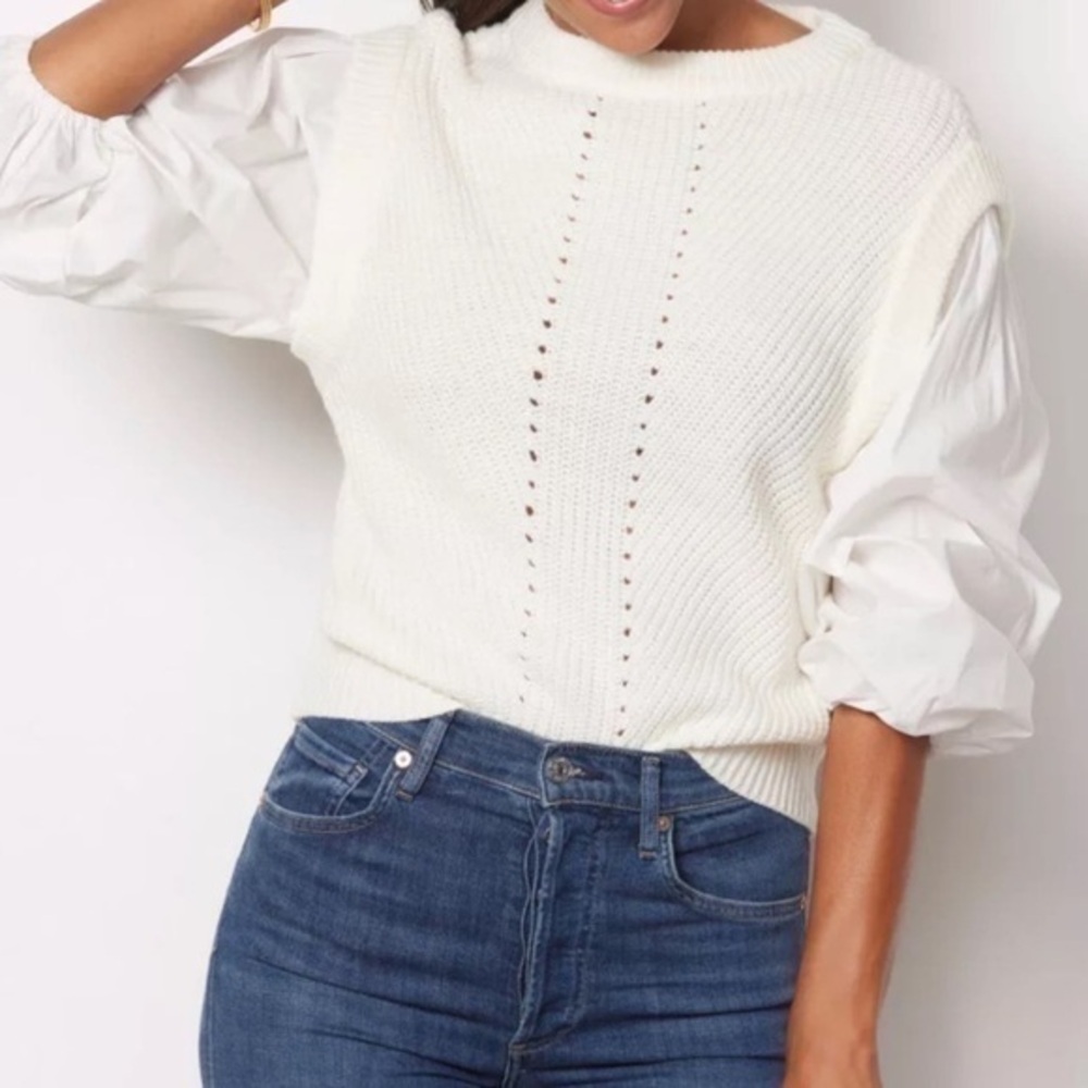 Sanctuary White Knit Sweater with Puff Sleeves 2 Become 1 Sweater Top Size M